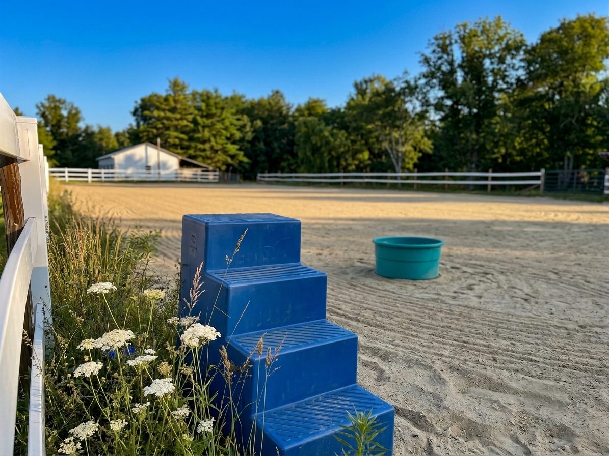 The big outdoor sand arena at Farr Meadow Stable in evening light